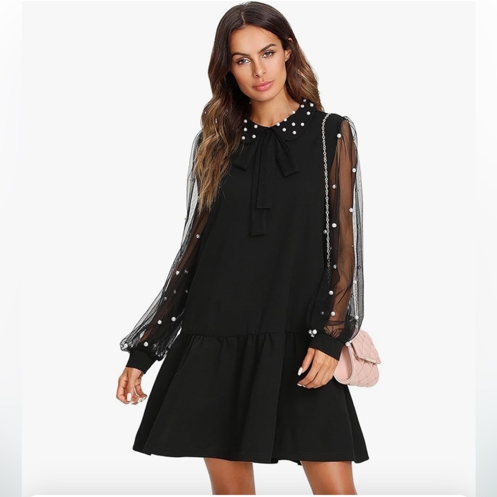 Women's Black Pearl-Accent Tie-Neck Dress